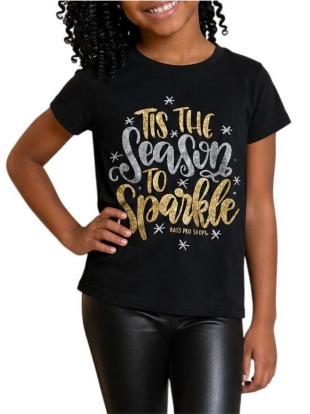 Bass Pro Shops Kids Size XS Top Tis The Season To Sparkle Black Glitter Print
